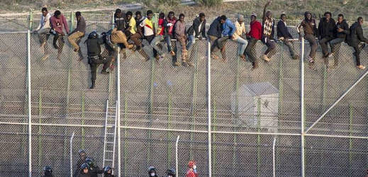 Hraniční plot a na něm migranti.