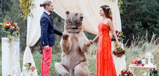 Medvěd Štěpán pózoval s novomanželi na jejich svatebních fotografiích.