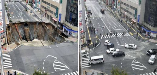 Snímek silnice v japonské Fukuoce před opravou a po ní.