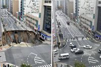 Snímek silnice v japonské Fukuoce před opravou a po ní.