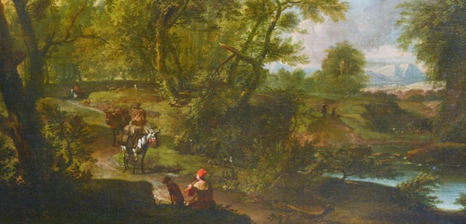 Krajina s cestou a se stafáží připisovaná nizozemskému malíři Jacobu de Heuschovi.