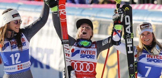 Vítězná trojice obřího slalomu v Sestriere. 