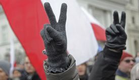 Před Sejmem se sešla nepočetná skupinka protestujících.