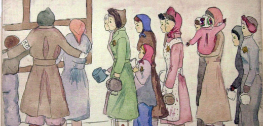 Jedna z kreseb, kterou jako dvanáctiletá namalovala při odsunu do Terezína Helga Hošková.