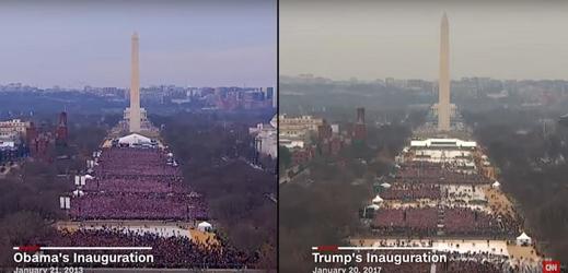 Záběry televize CNN. Vlevo Obamova inaugurace v roce 2013, vpravo Trumpova v roce 2017.