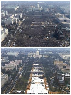 Fotografie srovnávají množství lidí, kteří se přišli podívat na inauguraci Baracka Obamy v roce 2009 a nového prezidenta Donalda Trumpa.