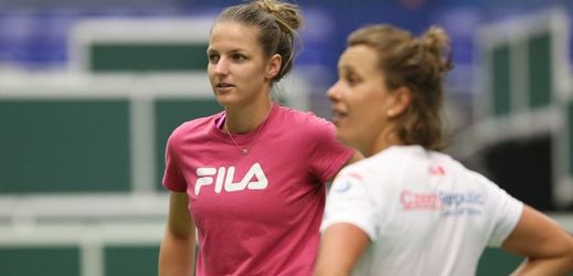 Karolína Plíšková a Barbora Strýcová  při tréninku na fedcupové utkání.