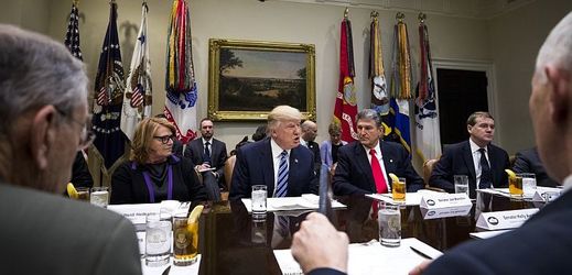 Americký prezident Donald Trump (uprostřed) mluví k senátorům.