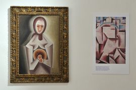 Čapkův oboustranný obraz nazvaný Kontemplace - Dívka v hnědém šálu (vlevo, vpravo je reprodukce rubové strany obrazu.