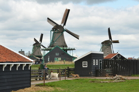 Charakteristické holandské dřevěné domky, stylové zahrádky,větrné mlýny a malé obloukovité mosty.