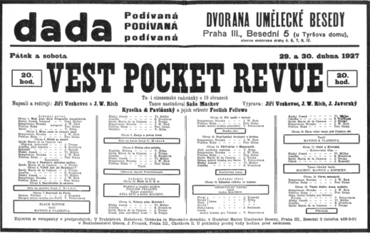 Faksimile plakátu na první uvedení slavné Vest Posket Revue v Umělecké besedě v dubnu 1927.