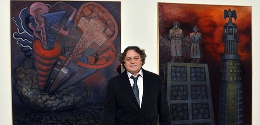 Jaroslav Róna na zahájení své výstavy.