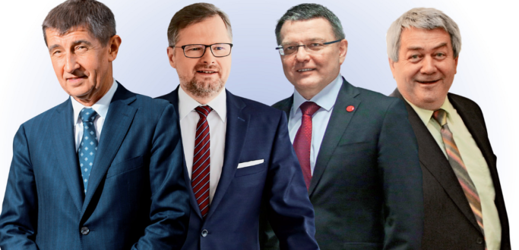 Předsedové vládních stran Andrej Babiš, Petr Fiala, Lubomír Zaorálek a Vojtěch Filip.