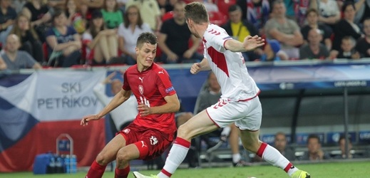 Fotbalový útočník Patrick Schick na fotbalovém EURU jednadvacítek proti Dánsku.