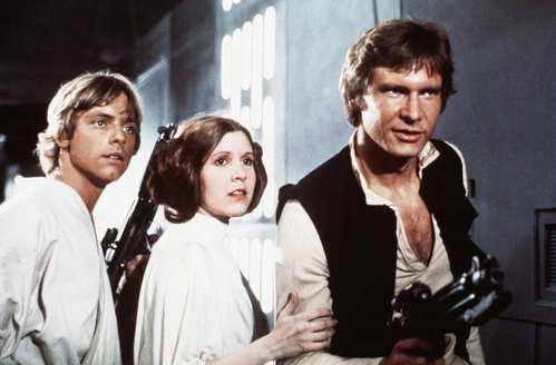 Luke Skywalker (Mark Hamill), princezna Leia (Carrie Fisherová) a Han Solo (Harrison Ford).