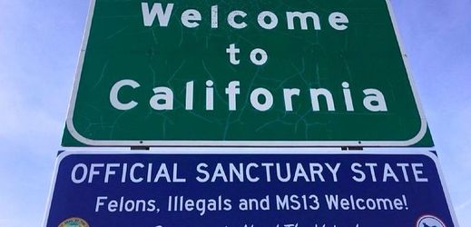 "Oficiální azylový stát. Kriminálníci, ilegálové a (gang) MS13 jsou vítáni!" uváděly cedule umístěné pod značkami na kalifornské hranici.