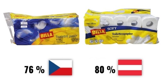 Srovnání českého a rakouského toaletního papíru obchodního řetezce Billa.