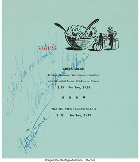 Podepsané obědové menu z roku 1954.
