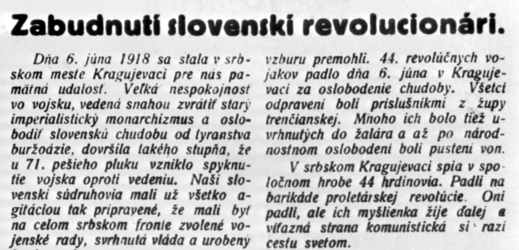 Článek ze slovenských novin " Pravda chudoby" o popravených slovenských revolucionářích v Kragujevci.