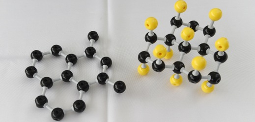 Modely struktury materiálu grafen (vlevo) a fluorografen (vpravo).