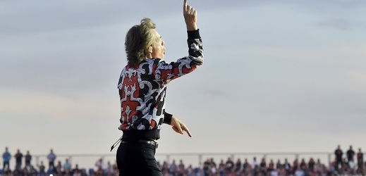 Zpěvák Mick Jagger z legendární britské skupiny Rolling Stones na koncertě v Letňanech.