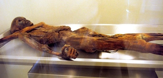 Ötzi vystavený v muzeu. 