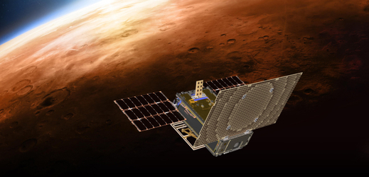 Ilustrace od NASA ukazuje vesmírné lodě, které letí nad Marsem.