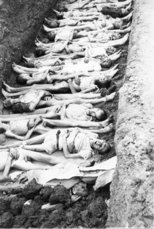 Oběti v masovém hrobě, snímek z nacistického koncentračního tábora Mauthausen.