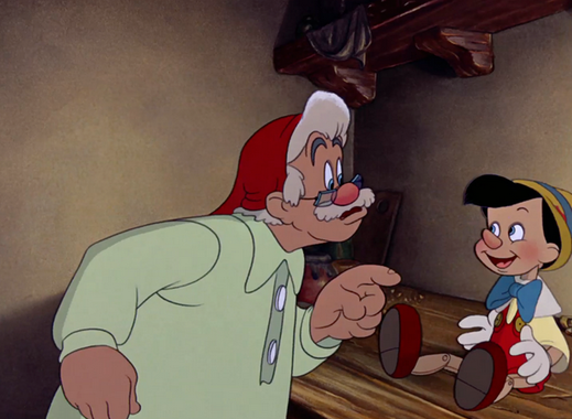 Postava Geppetta a jeho dřevěné, živé loutky Pinocchia v původním filmu z roku 1940.