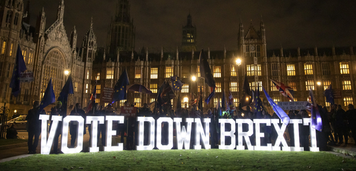 Demonstranti před britským parlamentem v Londýně. 