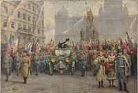 Na snímku je jeden z dochovaných obrazů Příjezd Masaryka na Václavské náměstí v prosinci 1918.