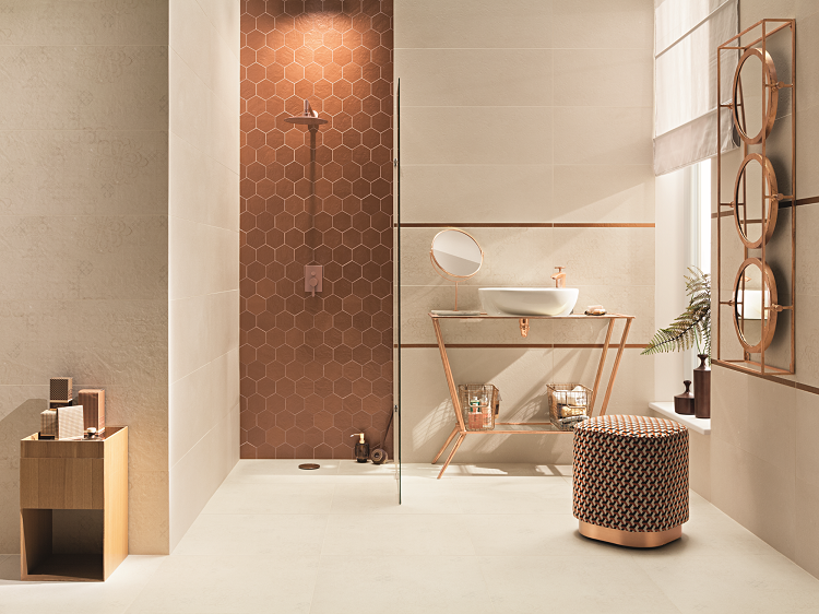 Koupelna s dlažbou a obklady CRUDE od Keramika Soukup.