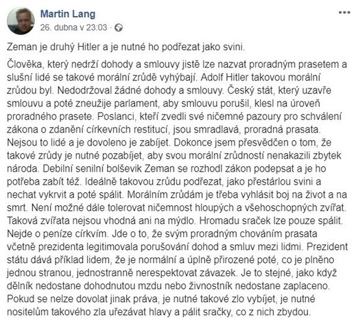 Martin Lang (ODS) a jeho výrok na facebooku.