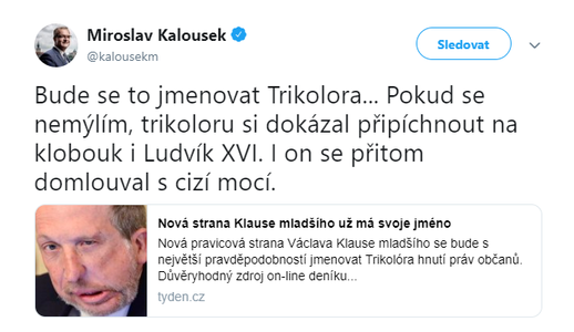 Miroslav Kalousek okomentoval název strany na svém twitterovém účtu.