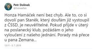 Tweet Petra Dolínka.