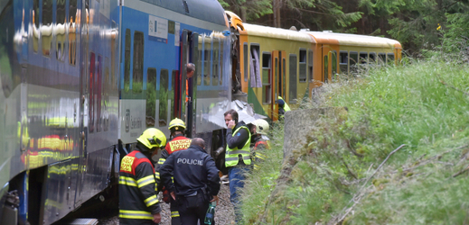 Hasiči a policisté na místě vlakového neštěstí u Perninku na Karlovarsku, kde se 7. července 2020 čelně srazily dva osobní vlaky. Srážka si vyžádala nejméně dva mrtvé a dvě až tři desítky zraněných, některé vážně.