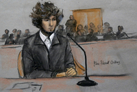 Kresba jednoho z pachatelů bombového útoku v Bostonu Džochara Carnajeva.