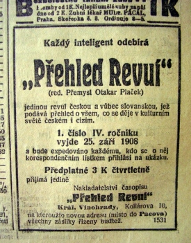 19. z&aacute;ř&iacute; 1908, reklama na prvn&iacute; č&iacute;slo nov&eacute;ho asopisu.