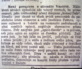 20. z&aacute;ř&iacute; 1908, senzačn&iacute; &uacute;spěch cvičen opice.