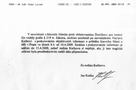 Přípis, kterým rodina Kočkova vyšla vstříc novinářům.
