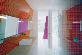 Hygienické zázemí zdobí oranžová mozaika.