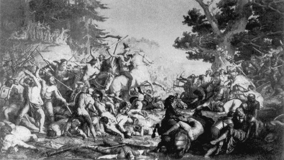 Bitva v Teutoburském lese v podání malíře Friedricha Gunkela.