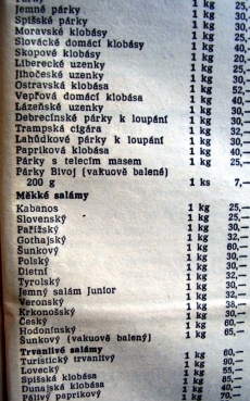 Ceny z roku 1989 (salámy, uzeniny).