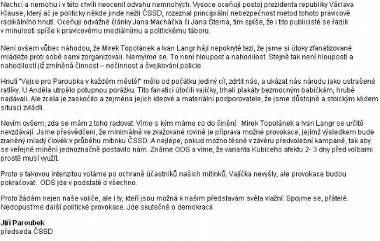 Web ČSSD, 3. června, 12.49: Druhá část Paroubkova textu.