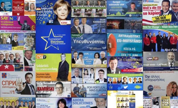 Koláž z volebních plakátů z celé EU.