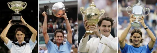 Roger Federer s trofejemi ze všech čtyř grandslamů.
