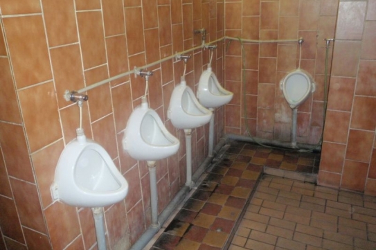 Toalety ve staré hale působí hrůzným dojmem.