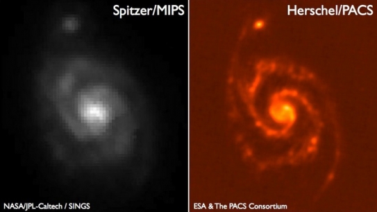 Srovnání staršího infračerveného snímku (vlevo) a snímku z Herschela.