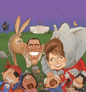 Karikatura Palinová versus Obama. Strana slona proti oslovi.