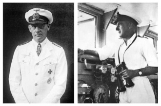 Kapitán německé lodi Detmers (vlevo) a australský kapitán Burnett-
